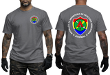 El Salvador BIRI Atonal T-Shirt in charcoal gray with front military insignia and back graphic inspired by Salvadoran military history