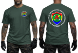 El Salvador BIRI Atonal T-Shirt in forest green featuring the BIRI Atonal emblem and bold Immediate Reaction Infantry Battalion back design