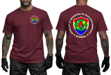 El Salvador BIRI Atonal T-Shirt in maroon with a colorful front insignia and large Salvadoran military-inspired back graphic