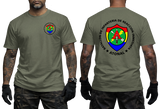 El Salvador BIRI Atonal T-Shirt in military green featuring front and back battalion insignia inspired by El Salvador military history