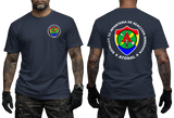 El Salvador BIRI Atonal T-Shirt in navy blue featuring a front chest emblem and large BIRI Atonal military graphic on the back