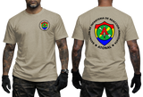 El Salvador BIRI Atonal T-Shirt in sand color featuring black front and back insignia inspired by Salvadoran military history