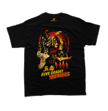Front view of a black crew neck t-shirt with a retro Five Deadly Venoms movie graphic. The design includes the Five Venoms characters with Chinese characters (五毒) and red flames, printed on a high-quality cotton tee.