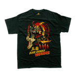 Front view of a green crew neck t-shirt with a retro Five Deadly Venoms movie graphic. The design includes the Five Venoms characters with Chinese characters (五毒) and red flames, printed on a high-quality cotton tee.