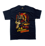 Front view of a navy crew neck t-shirt with a retro Five Deadly Venoms movie graphic. The design includes the Five Venoms characters with Chinese characters (五毒) and red flames, printed on a high-quality cotton tee.
