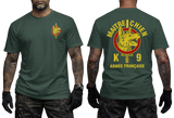 French Army K9 Maitre Chien T-Shirt - Armée Française Military Dog Handler forest green Tee - Front and Back View