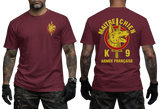 French Army K9 Maitre Chien T-Shirt - Armée Française Military Dog Handler maroon Tee - Front and Back View