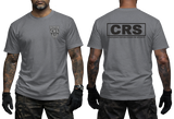 French CRS Police T-Shirt in charcoal gray with a front Police Nationale CRS badge and bold CRS anti-riot police graphic on the back