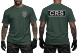 French CRS Police T-Shirt in forest green featuring a CRS Police Nationale chest emblem and large Compagnies Républicaines de Sécurité back lettering
