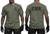 French CRS Police T-Shirt in military green with a front CRS police badge and bold French anti-riot police design on the back