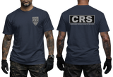 French CRS Police T-Shirt in navy blue featuring the Police Nationale CRS emblem on the chest and a large CRS security police graphic on the back