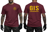 maroon tactical t-shirt featuring the official yellow Italian GIS Carabinieri Special Forces emblem on the front chest and large 'GIS CARABINIERI' yellow lettering on the back.