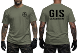 military green tactical t-shirt featuring the official black Italian GIS Carabinieri Special Forces emblem on the front chest and large 'GIS CARABINIERI' yellow lettering on the back.
