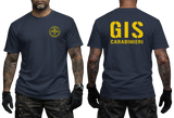navy tactical t-shirt featuring the official yellow Italian GIS Carabinieri Special Forces emblem on the front chest and large 'GIS CARABINIERI' yellow lettering on the back.