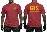 red tactical t-shirt featuring the official yellow Italian GIS Carabinieri Special Forces emblem on the front chest and large 'GIS CARABINIERI' yellow lettering on the back.