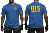 royal blue tactical t-shirt featuring the official yellow Italian GIS Carabinieri Special Forces emblem on the front chest and large 'GIS CARABINIERI' yellow lettering on the back.