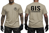 sand tactical t-shirt featuring the official black  Italian GIS Carabinieri Special Forces emblem on the front chest and large 'GIS CARABINIERI' yellow lettering on the back.
