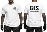 white tactical t-shirt featuring the official black Italian GIS Carabinieri Special Forces emblem on the front chest and large 'GIS CARABINIERI' yellow lettering on the back.