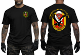Front and back view of black German Army Fernspaehlehrkompanie 200 t-shirt featuring FSLK 200 emblem badge on the front chest and large Oculus Exercitus recon eagle print on the back.