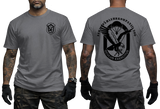 Front and back view of smoke grey German Army Fernspaehlehrkompanie 200 t-shirt featuring FSLK 200 emblem badge on the front chest and large Oculus Exercitus recon eagle print on the back.