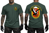 Front and back view of forest green German Army Fernspaehlehrkompanie 200 t-shirt featuring FSLK 200 emblem badge on the front chest and large Oculus Exercitus recon eagle print on the back.