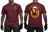 Front and back view of maroon German Army Fernspaehlehrkompanie 200 t-shirt featuring FSLK 200 emblem badge on the front chest and large Oculus Exercitus recon eagle print on the back.