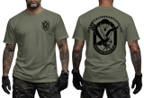 Front and back view of military green German Army Fernspaehlehrkompanie 200 t-shirt featuring FSLK 200 emblem badge on the front chest and large Oculus Exercitus recon eagle print on the back.