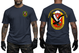 Front and back view of navy German Army Fernspaehlehrkompanie 200 t-shirt featuring FSLK 200 emblem badge on the front chest and large Oculus Exercitus recon eagle print on the back.