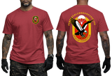 Front and back view of red German Army Fernspaehlehrkompanie 200 t-shirt featuring FSLK 200 emblem badge on the front chest and large Oculus Exercitus recon eagle print on the back.