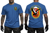Front and back view of royal blue German Army Fernspaehlehrkompanie 200 t-shirt featuring FSLK 200 emblem badge on the front chest and large Oculus Exercitus recon eagle print on the back.