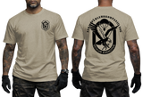 Front and back view of sand German Army Fernspaehlehrkompanie 200 t-shirt featuring FSLK 200 emblem badge on the front chest and large Oculus Exercitus recon eagle print on the back.