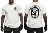 Front and back view of white German Army Fernspaehlehrkompanie 200 t-shirt featuring FSLK 200 emblem badge on the front chest and large Oculus Exercitus recon eagle print on the back.