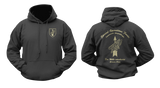 Black Germany Special Forces KSK hoodie mockup showing a small front chest shield with an arrow and eagle graphic, and a large back print featuring the Kommando Spezialkräfte insignia and military motto.