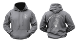 charcoal Germany Special Forces KSK hoodie mockup showing a small front chest shield with an arrow and eagle graphic, and a large back print featuring the Kommando Spezialkräfte insignia and military motto.