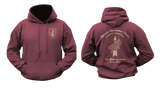 maroon Germany Special Forces KSK hoodie mockup showing a small front chest shield with an arrow and eagle graphic, and a large back print featuring the Kommando Spezialkräfte insignia and military motto.