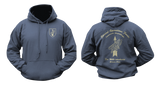 navy Germany Special Forces KSK hoodie mockup showing a small front chest shield with an arrow and eagle graphic, and a large back print featuring the Kommando Spezialkräfte insignia and military motto.