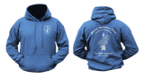 royal blue Germany Special Forces KSK hoodie mockup showing a small front chest shield with an arrow and eagle graphic, and a large back print featuring the Kommando Spezialkräfte insignia and military motto.