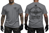 Two-view composite image of a charcoal t-shirt featuring IDF Sayeret Matkal special forces graphics. The left side shows the front of the shirt with a small chest emblem and Hebrew text. The right side shows the back of the shirt with a large winged dagger crest, Israeli flag, and 'Israel Defense Forces' text. The shirt is displayed on a male model with tattooed arms and tactical gloves.