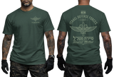 Two-view composite image of a forest green t-shirt featuring IDF Sayeret Matkal special forces graphics. The left side shows the front of the shirt with a small chest emblem and Hebrew text. The right side shows the back of the shirt with a large winged dagger crest, Israeli flag, and 'Israel Defense Forces' text. The shirt is displayed on a male model with tattooed arms and tactical gloves.