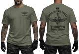 Two-view composite image of a military green t-shirt featuring IDF Sayeret Matkal special forces graphics. The left side shows the front of the shirt with a small chest emblem and Hebrew text. The right side shows the back of the shirt with a large winged dagger crest, Israeli flag, and 'Israel Defense Forces' text. The shirt is displayed on a male model with tattooed arms and tactical gloves.