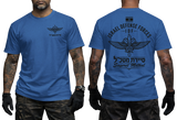 Two-view composite image of a royal blue t-shirt featuring IDF Sayeret Matkal special forces graphics. The left side shows the front of the shirt with a small chest emblem and Hebrew text. The right side shows the back of the shirt with a large winged dagger crest, Israeli flag, and 'Israel Defense Forces' text. The shirt is displayed on a male model with tattooed arms and tactical gloves.