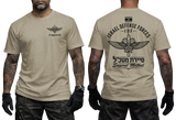 Two-view composite image of a sand t-shirt featuring IDF Sayeret Matkal special forces graphics. The left side shows the front of the shirt with a small chest emblem and Hebrew text. The right side shows the back of the shirt with a large winged dagger crest, Israeli flag, and 'Israel Defense Forces' text. The shirt is displayed on a male model with tattooed arms and tactical gloves.