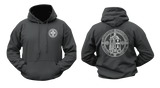 Black Knights Templar hoodie, front and back view. Features small cross chest logo and large Crusader Knight emblem with motto on the back.
