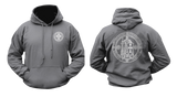 Dark grey Knights Templar hoodie, front and back view. Features small cross chest logo and large Crusader Knight emblem with motto on the back.