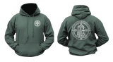 Green Knights Templar hoodie, front and back view. Features small cross chest logo and large Crusader Knight emblem with motto on the back.