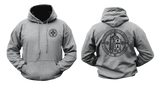 grey Knights Templar hoodie, front and back view. Features small cross chest logo and large Crusader Knight emblem with motto on the back.
