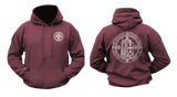 maroon Knights Templar hoodie, front and back view. Features small cross chest logo and large Crusader Knight emblem with motto on the back.