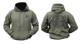 military green Knights Templar hoodie, front and back view. Features small cross chest logo and large Crusader Knight emblem with motto on the back.