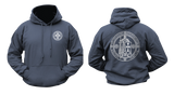 navy Knights Templar hoodie, front and back view. Features small cross chest logo and large Crusader Knight emblem with motto on the back.