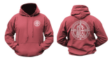 red Knights Templar hoodie, front and back view. Features small cross chest logo and large Crusader Knight emblem with motto on the back.